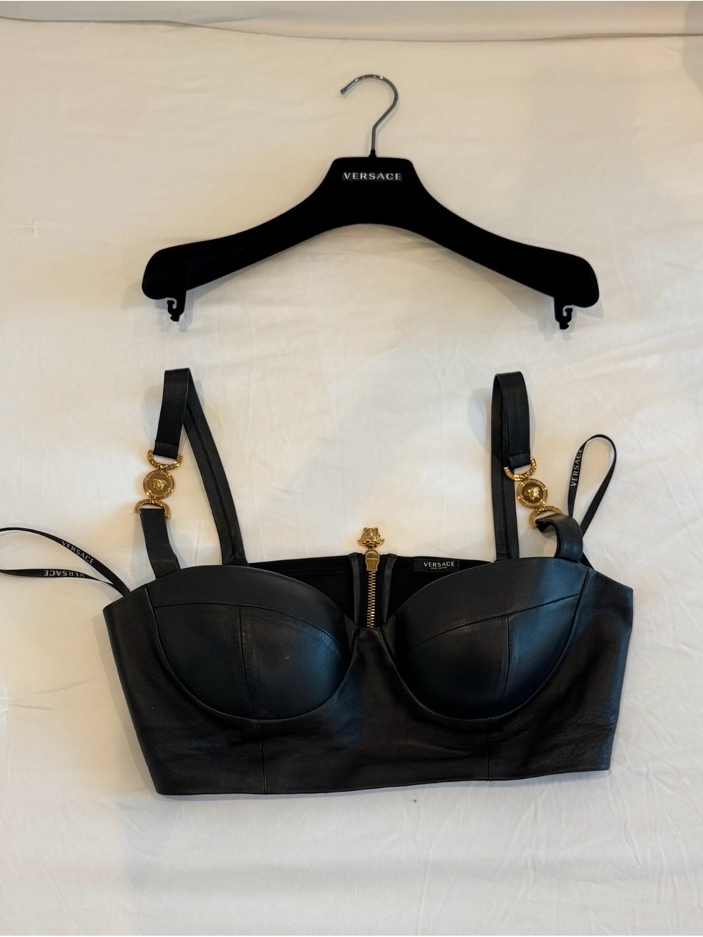 Versace Black Leather Bustier Top with Gold Medusa Hardware